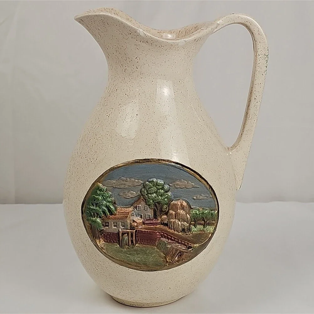 Vintage Speckled Ceramic Pitcher Farm Scene Relief Cream Rustic Country Decor